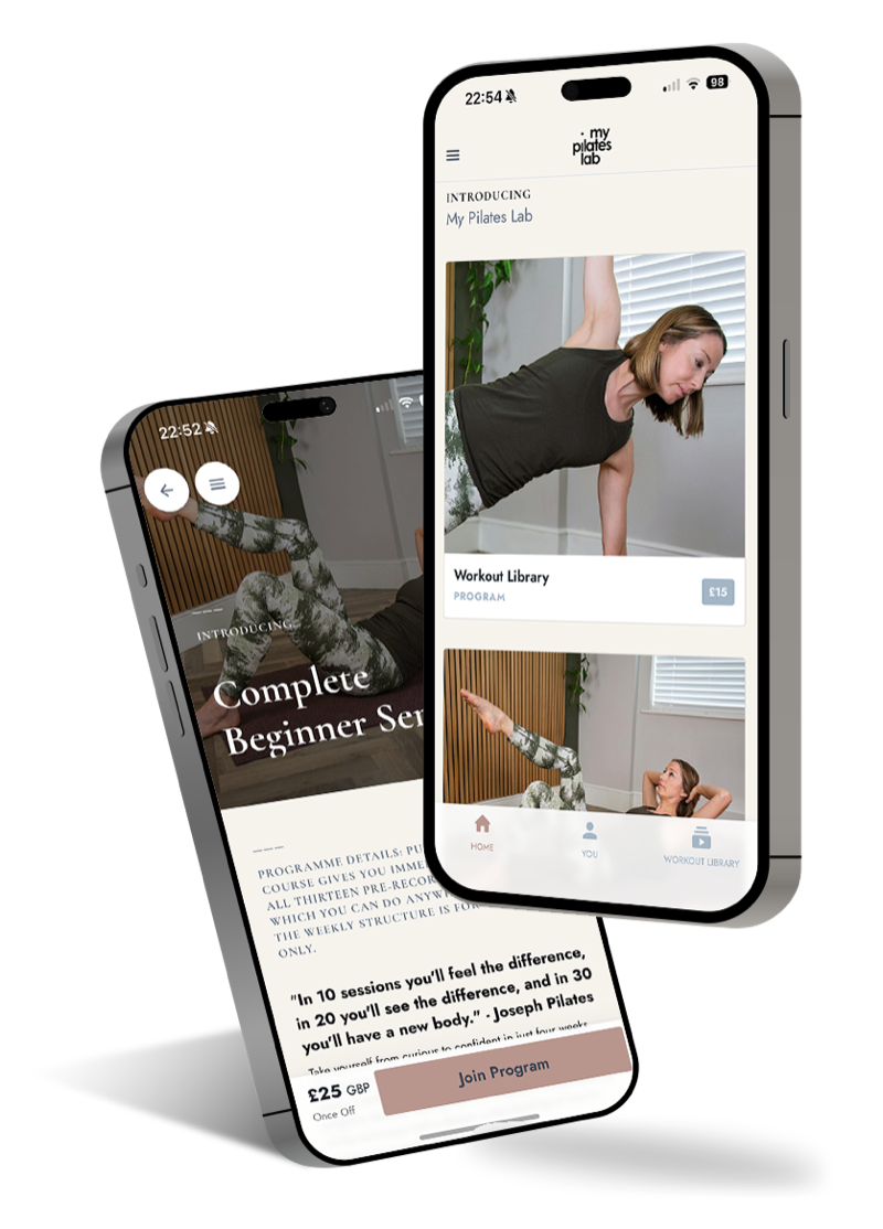 The My Pilates Lab app shown on two phones